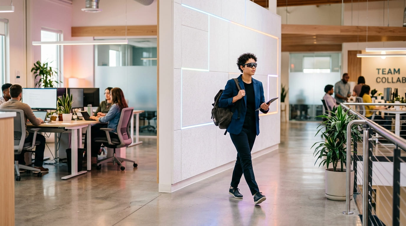A tech executive in sports sunglasses walks through a brightly lit modern office space with colorful ambient lighting.