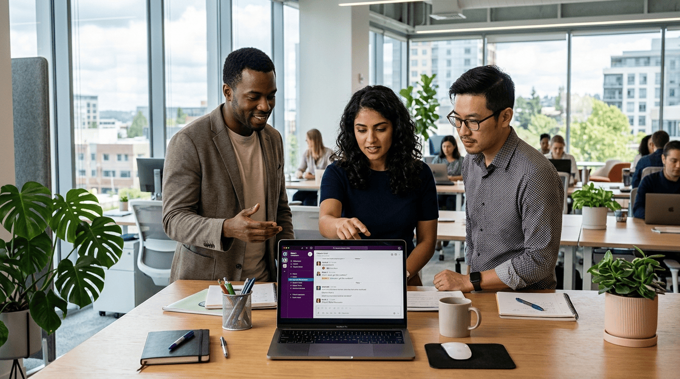 Three office colleagues collaborating around a laptop in a bright, modern corporate workspace.