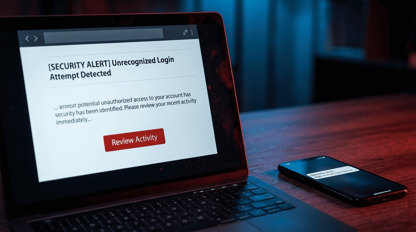 A laptop showing a security breach alert email next to a smartphone on a dark desk under dramatic blue and red lighting.