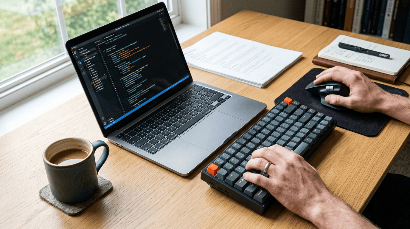 A close-up shot of a developer's hands typing on a keyboard at a sunlit desk next to a laptop displaying lines of code.
