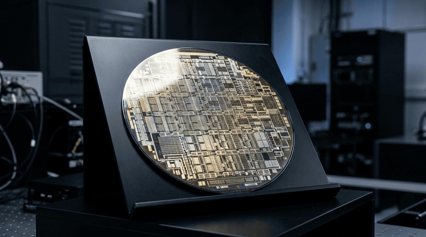 A large circular silicon semiconductor wafer on a black presentation stand displaying intricate circuit patterns under sharp studio lighting.