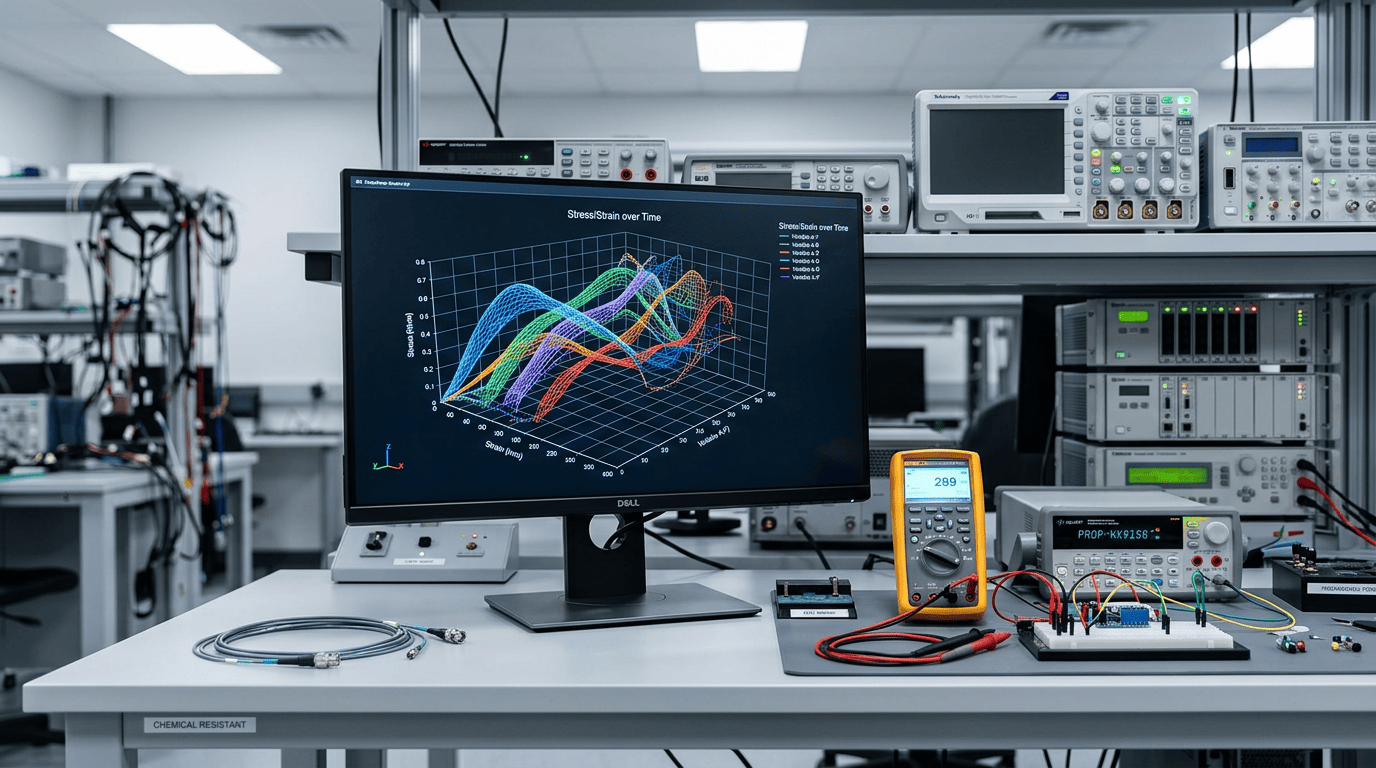 A high-resolution computer screen in a laboratory displaying a complex 3D line chart with vibrant curving paths.