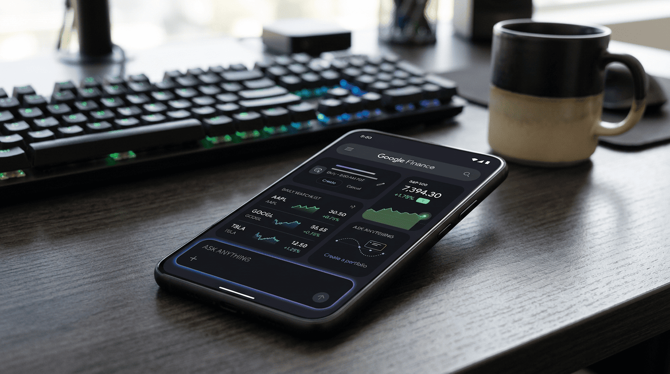 A smartphone on an office desk displaying a financial tracking application with stock market line charts.