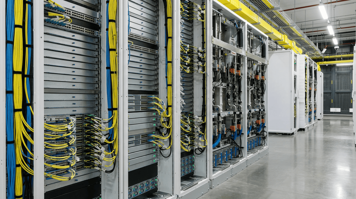 Rows of white server racks in a brightly lit data center with neatly managed yellow and blue network cables.