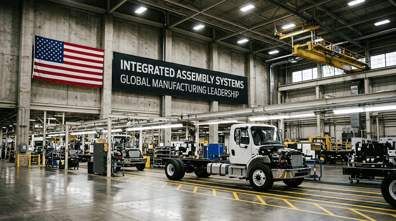 A white truck chassis on a factory assembly line under a large banner and an American flag in a modern manufacturing plant.