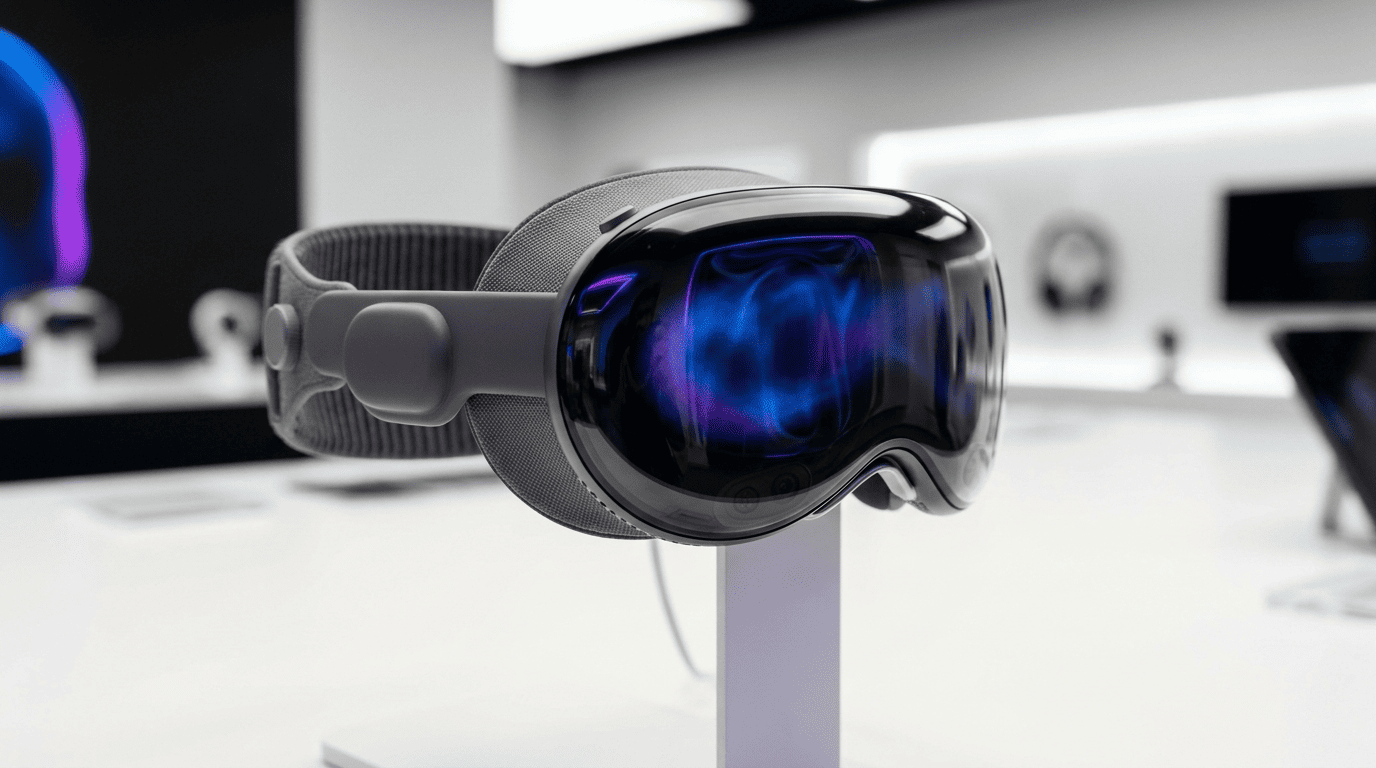 A sleek mixed-reality headset displayed on a white stand with colorful blue and purple lights reflecting off its front glass visor.