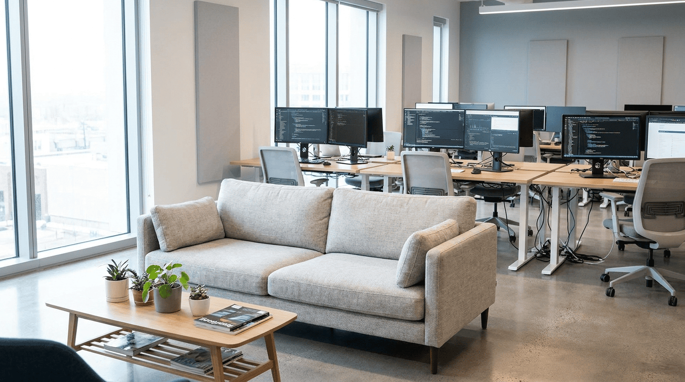 A clean, modern office collaborative area featuring a gray fabric sofa in a bright, sunlit workspace with distant software development desks.