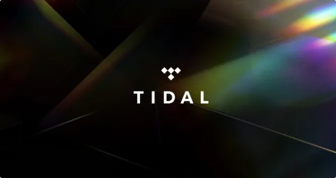 A smartphone displaying the clean white Tidal application logo on a dark, geometrically stylized background.