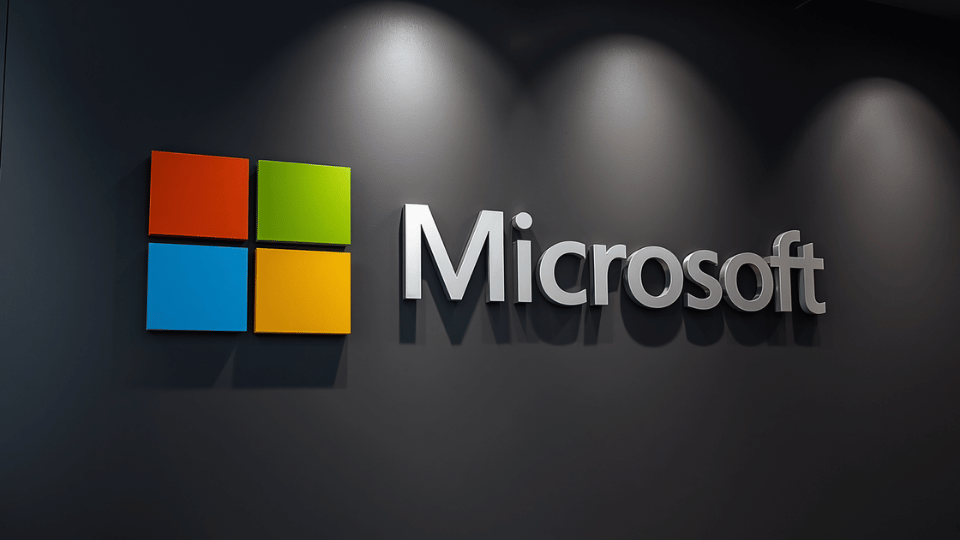 A close-up view of a dark grey office lobby wall featuring the official colorful Microsoft logo and silver text.