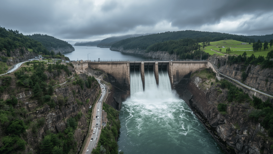 An aerial view of water rushing through the spillway of a large dam.