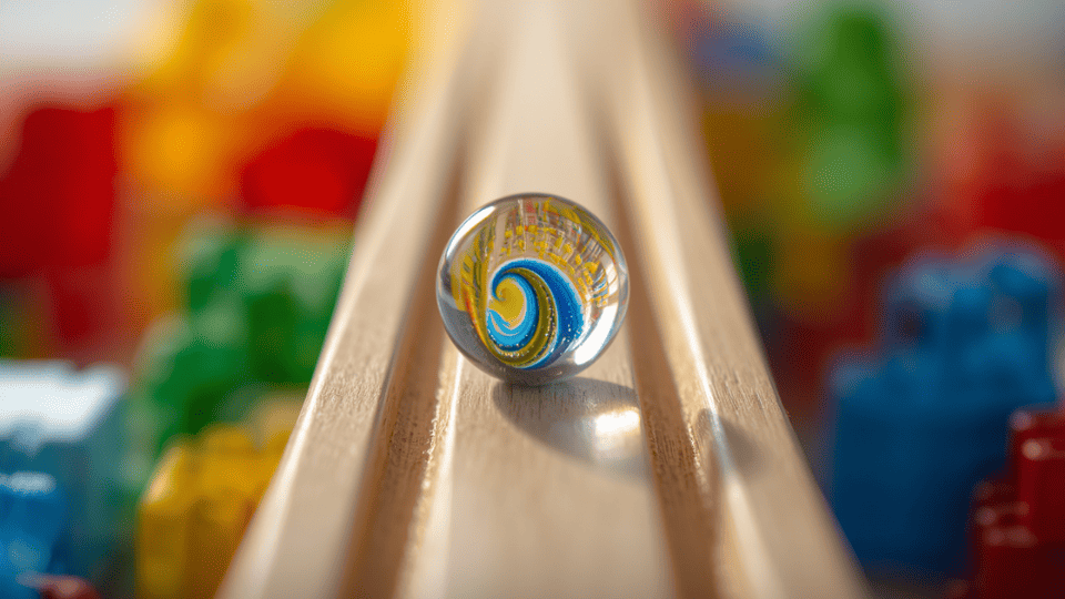 A close-up shot of a glass marble with a blue and yellow swirl resting on a wooden toy track with colorful toy blocks blurred in the background.
