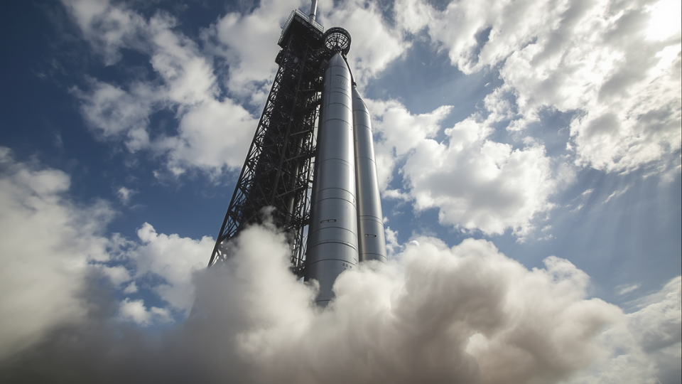 A massive silver SpaceX Starship rocket standing on its launchpad surrounded by thick white clouds of steam before takeoff.