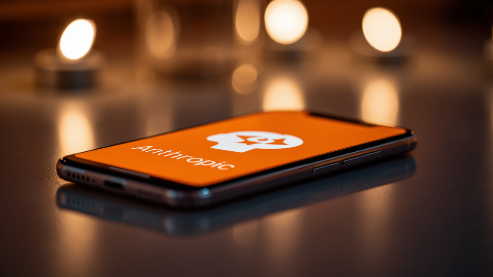 A close-up view of a smartphone screen displaying the orange and white Anthropic logo against a softly blurred background.