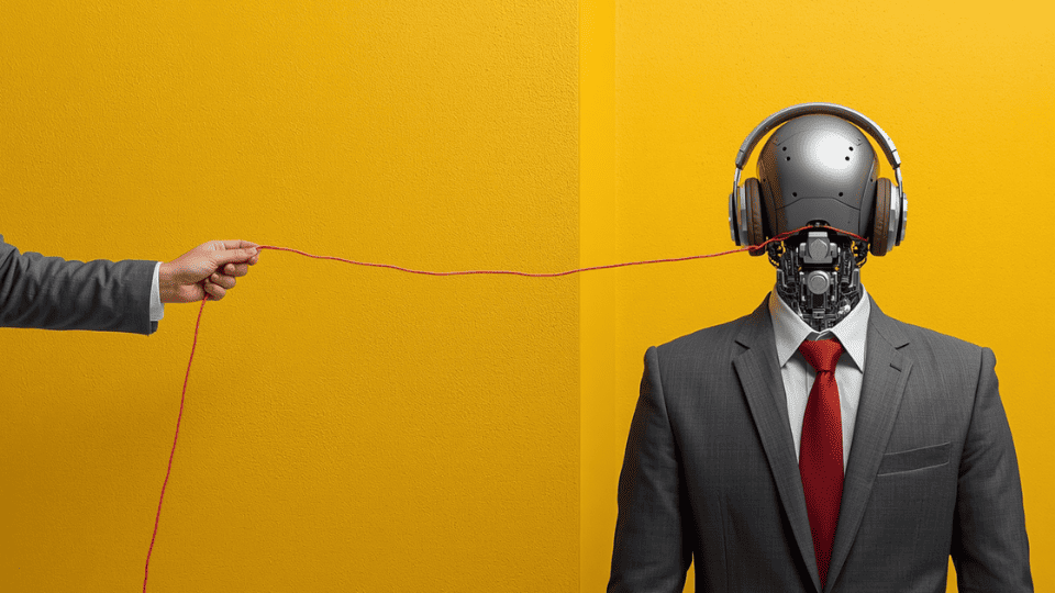 A person in a suit stands against a yellow wall holding a pink wire that connects directly into the back of a silver robot's head.