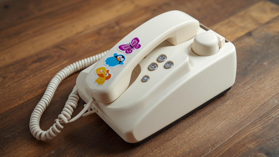 A close-up view of a white retro-styled kids phone decorated with colorful animal stickers on a wooden table.