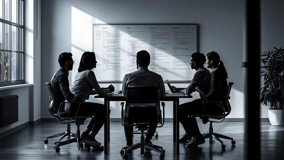 A team of software engineers collaborating around a conference table and reviewing code diagrams on a large office whiteboard.