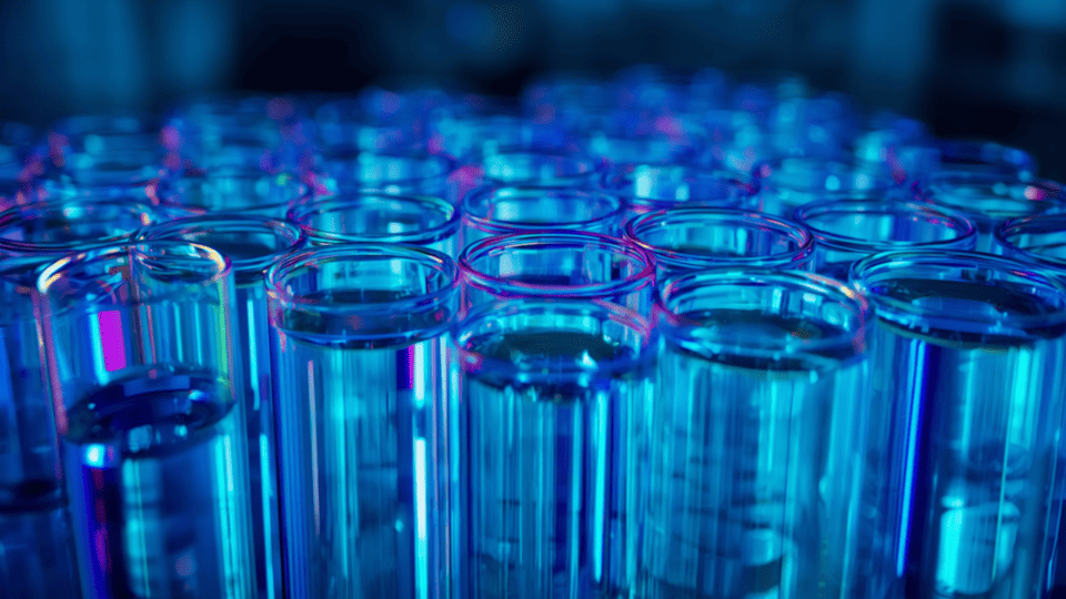 A close-up view of clear laboratory test tubes filled with glowing blue and teal liquids in a modern research lab.