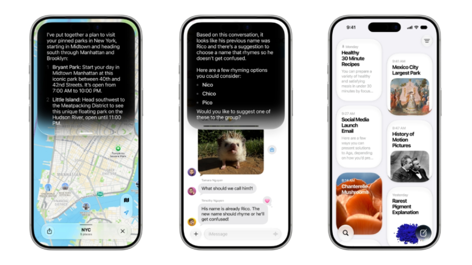 Three modern iPhones showing different user interface screens including maps, text chat, and data charts on a white background.