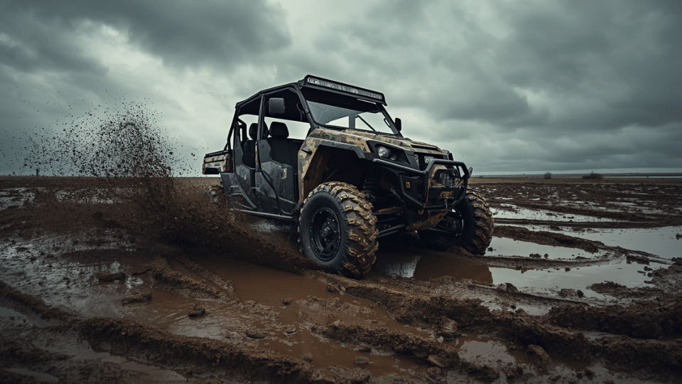 A rugged military utility vehicle kicking up mud as it drives through a wet, cratered field under a cloudy grey sky.
