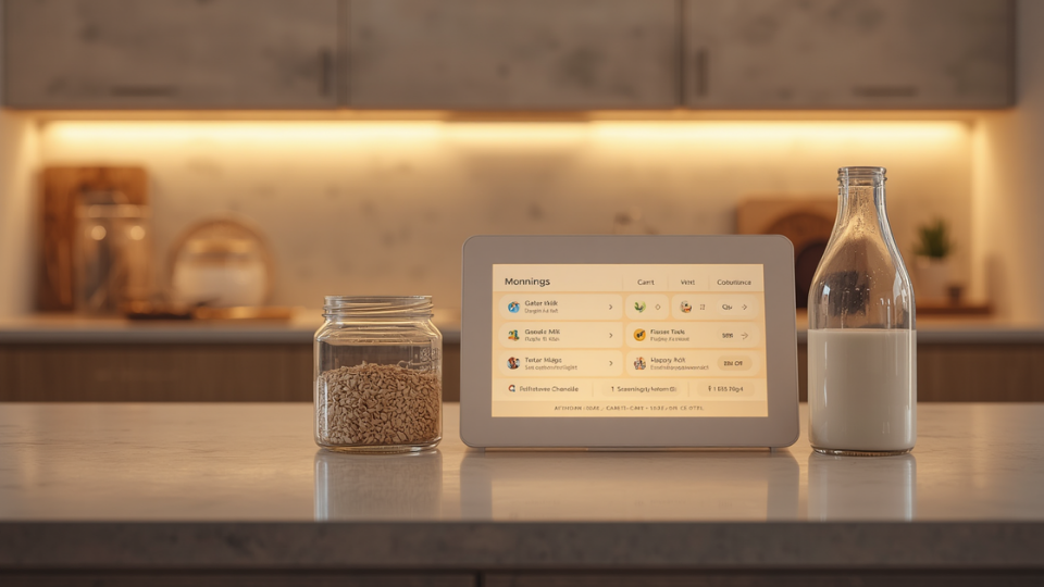 A glowing smart home control panel resting on a kitchen counter next to glass jars under warm ambient light.