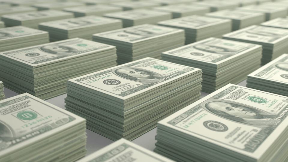 A close-up view of multiple stacks of hundred-dollar bills neatly organized and creating a repeating pattern under bright lighting.