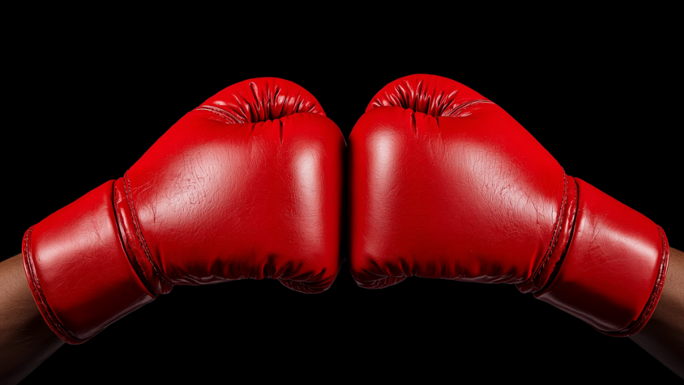A close-up view of two bright red leather boxing gloves clashing together against a dark black background under dramatic studio lighting.