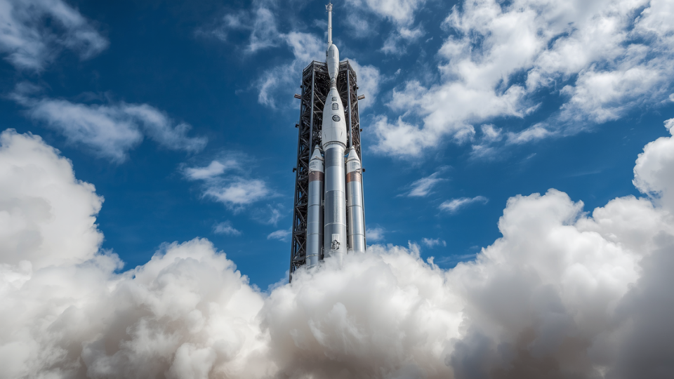 A large silver space rocket standing on its launchpad surrounded by thick white clouds of steam before takeoff.
