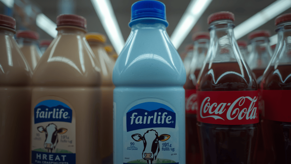 A close-up view of a light blue Fairlife milk bottle on a shelf next to brown and red Coca-Cola bottles.