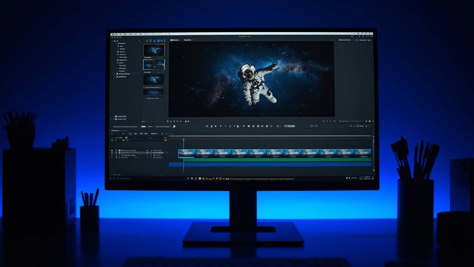 A computer monitor displaying an active video editing project featuring a man in an astronaut suit floating in deep space.