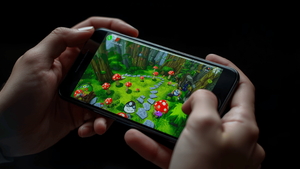 A close-up view of a smartphone screen displaying a colorful 3D game world with a forest and red mushrooms.