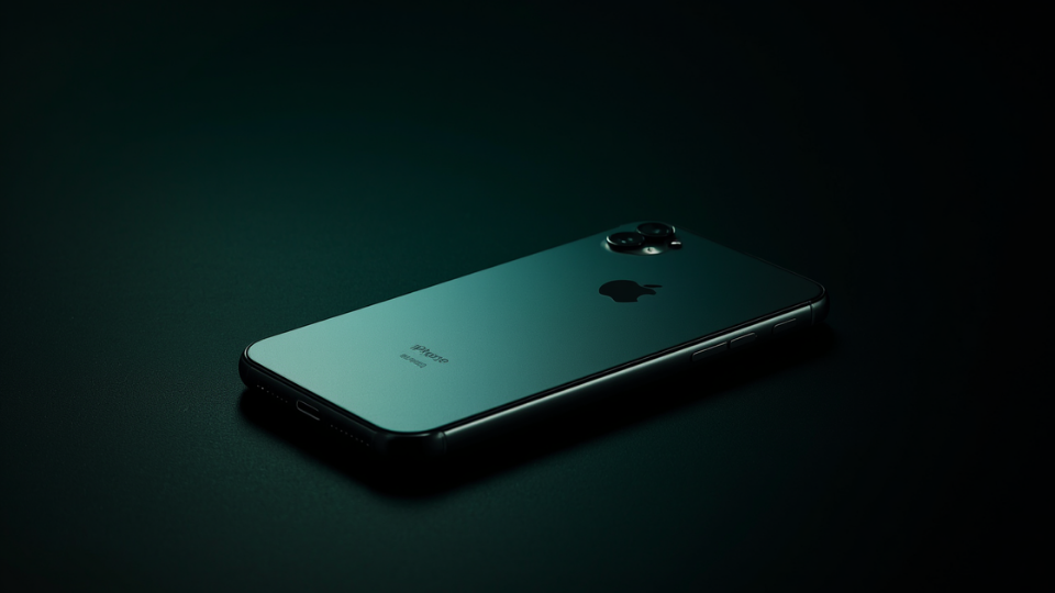 A close-up view of the metallic back of a modern smartphone showing a silver apple logo against a dark green background.