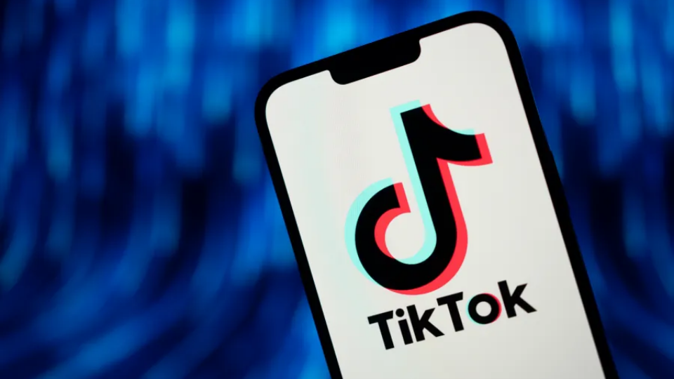 A phone showing the TikTok logo on a government office desk next to work papers.