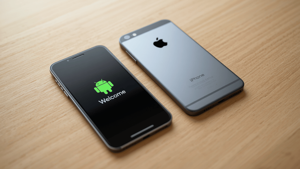 An Android smartphone displaying a setup welcome screen resting next to an iPhone on a wooden desk.
