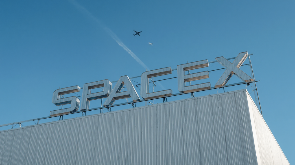 A large metallic SpaceX sign mounted on top of an industrial building under a blue sky with two airplanes flying overhead.