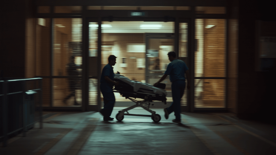 Emergency medical staff pushing a patient gurney through a hospital entrance at night.