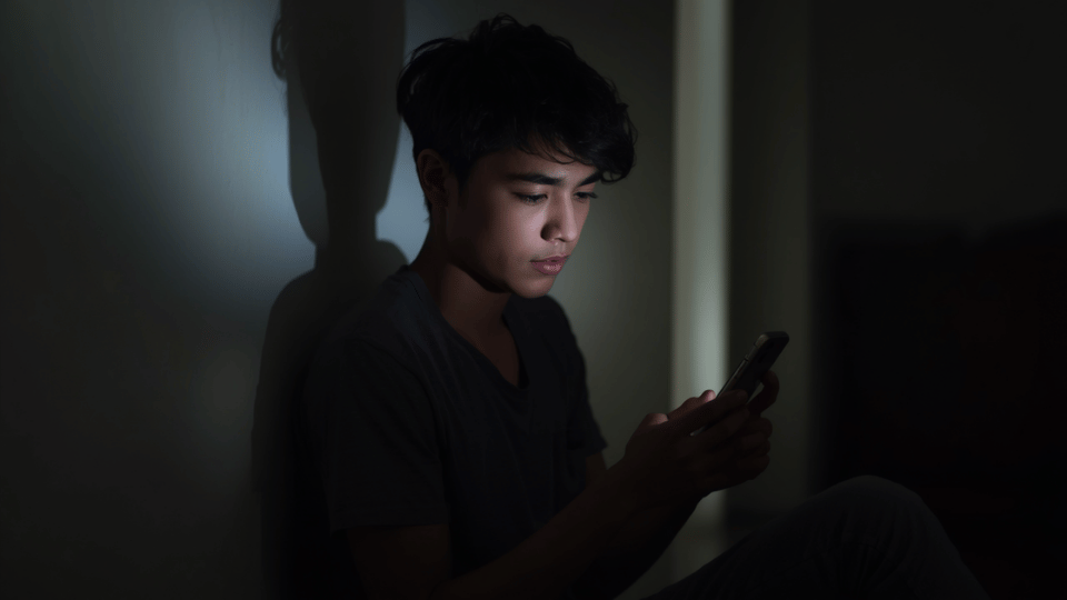 A teenager sitting against a wall looking down at a smartphone in a dimly lit room.