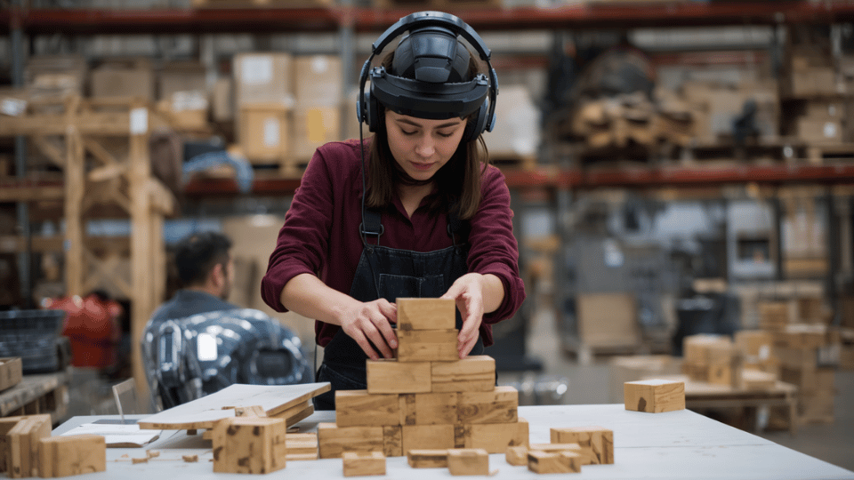 A worker wearing a neural sensor headset stacking wooden blocks on a workbench in a lab.