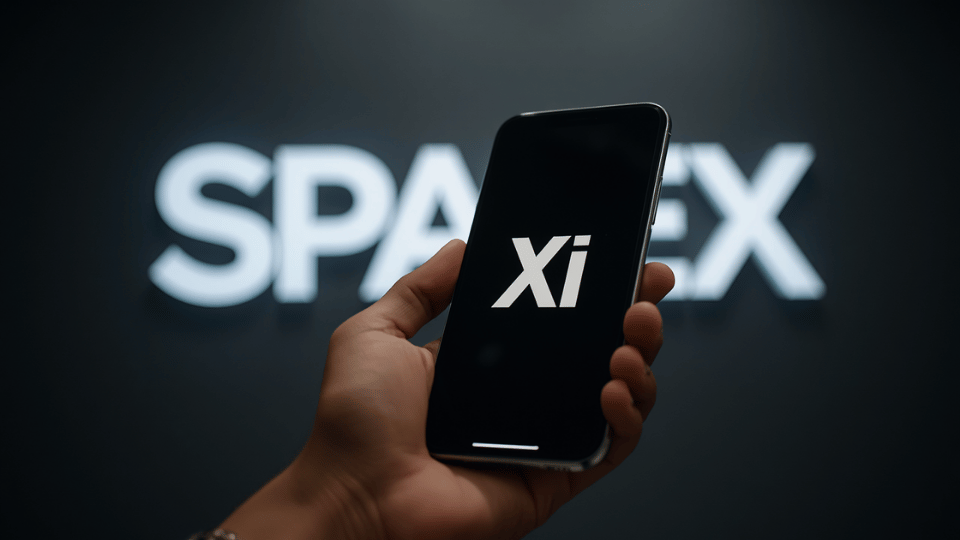 A close-up view of a hand holding a smartphone that displays a white XI logo against a blurred corporate backdrop.