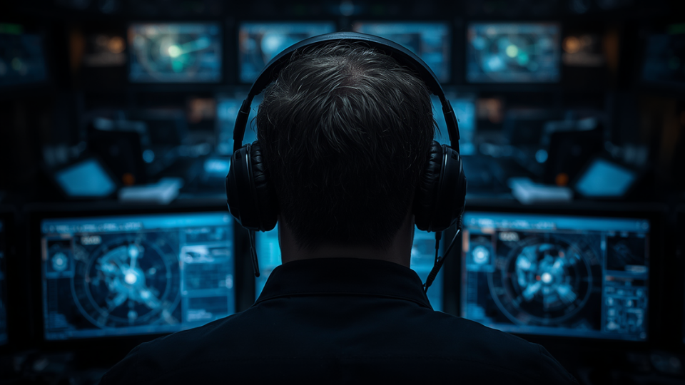 A flight director wearing a headset looks at glowing data screens inside a dark space operations command center.