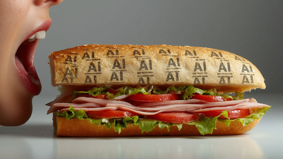 A close-up shot of a submarine sandwich stamped with a repeating pattern of the letters AI as a person opens their mouth to take a bite.