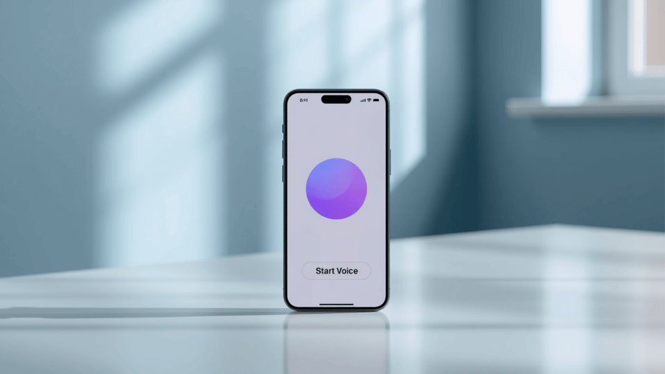 A smartphone resting on a desk displaying an active voice assistant application with a central purple circle icon and a start voice button.