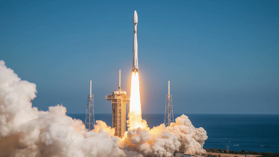 A large white rocket launching into a clear blue sky with thick white smoke and bright orange flames shooting from its engines near the ocean.