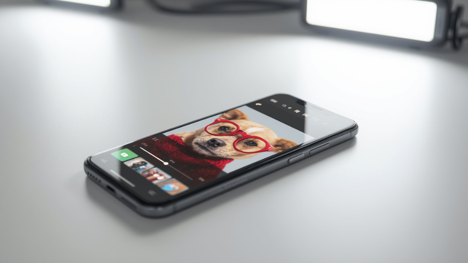 A smartphone screen showing a digital photo editing application with an image of a small dog wearing red glasses and a sweater.