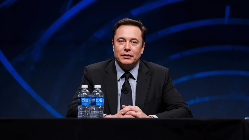 Elon Musk wearing a suit jacket sitting at a table during an official event.