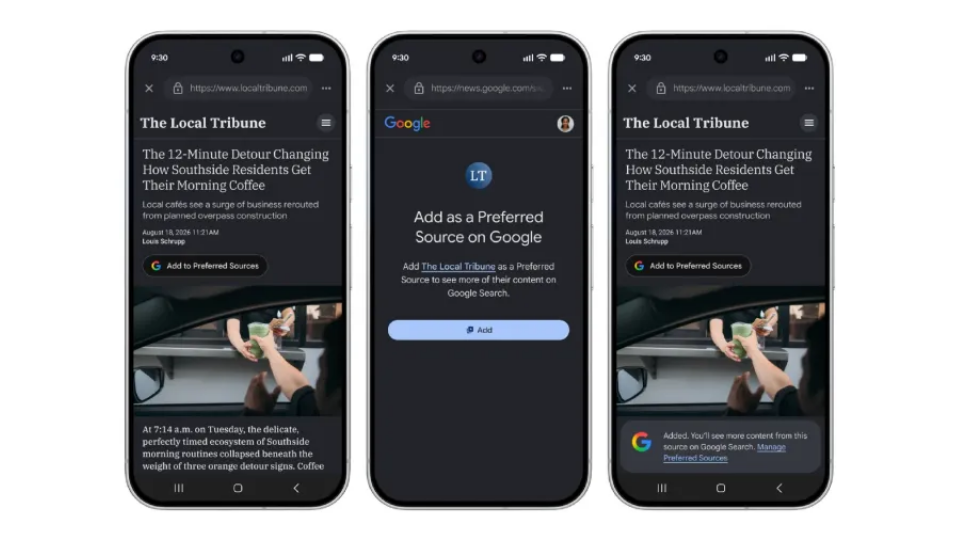 Three smartphone screens displaying Google's preferred source prompt and updated news feed interface.