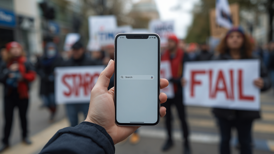 A person holding a smartphone outdoors displaying a web search screen near a crowd holding signs.