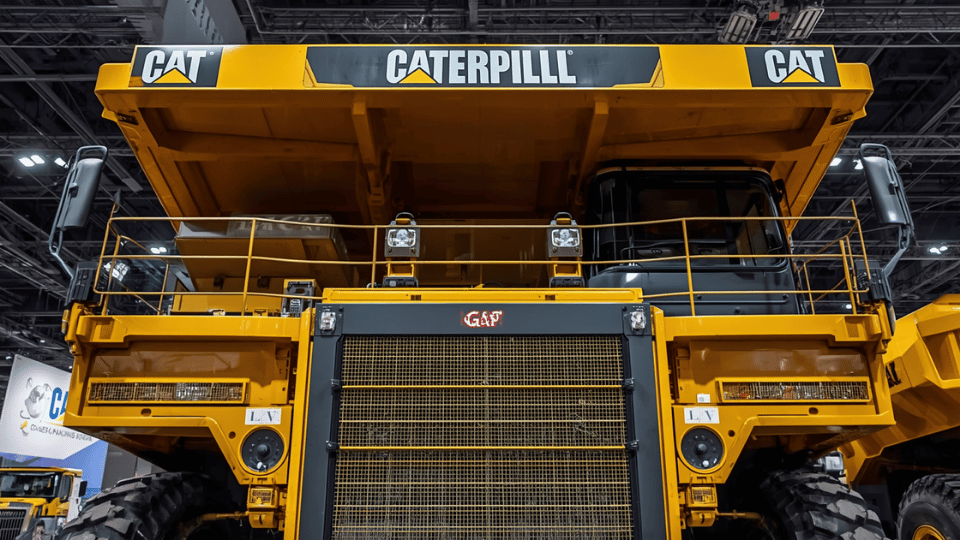 Heavy yellow Caterpillar dump truck on display at a trade show with LiDAR and GPS sensors installed on top.