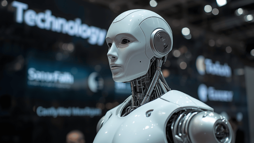 A sleek white humanoid robot torso displayed at a modern technology exhibition.