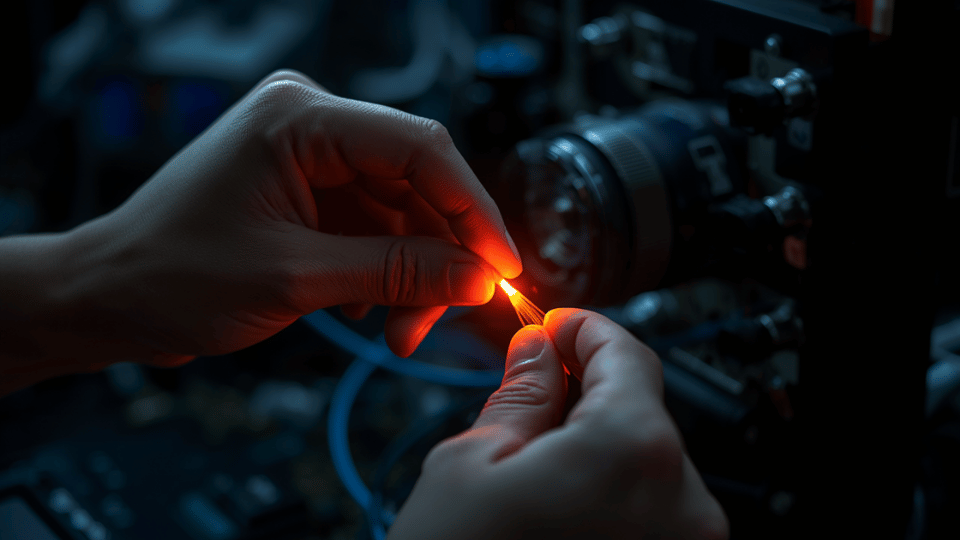 Hands holding a glowing orange fiber optic cable with bright light emitting from the tip inside a technical laboratory.