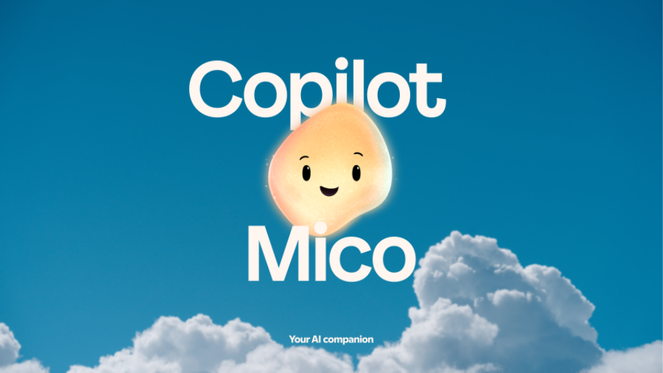 The Copilot Mico logo featuring a friendly orange floating blob character against a blue sky with white clouds.